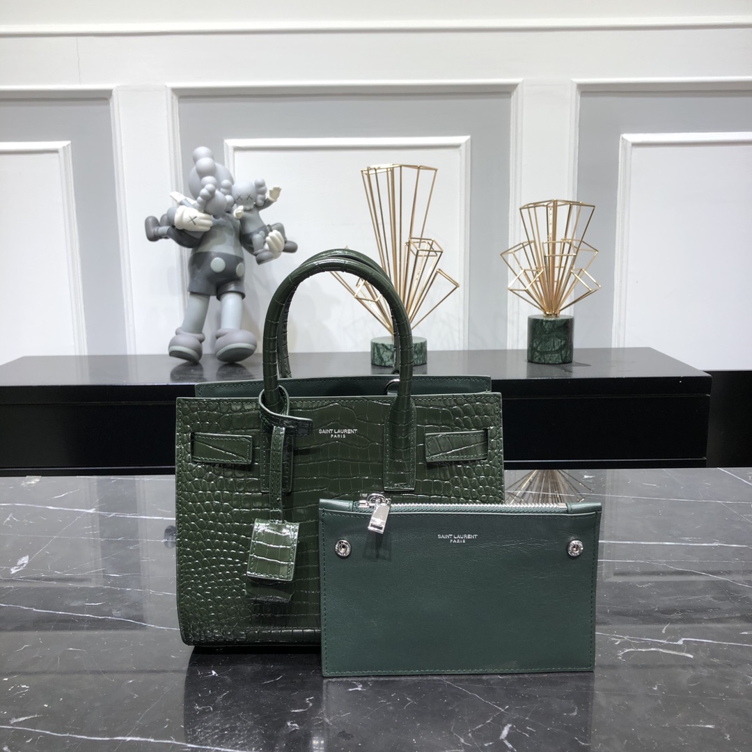 Saint Laurent Sac De Jour Nano Crocodile Embossed Calfskin Handbag Shoulder Bag Green 392035 Silver